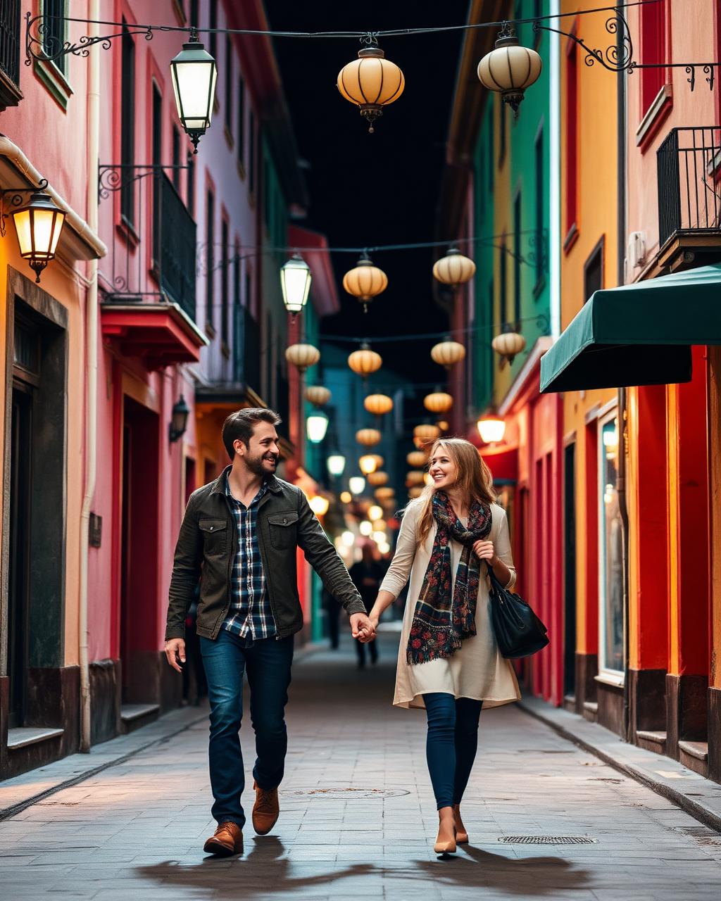 Pareja viajando de la mano por una calle colorida con farolas