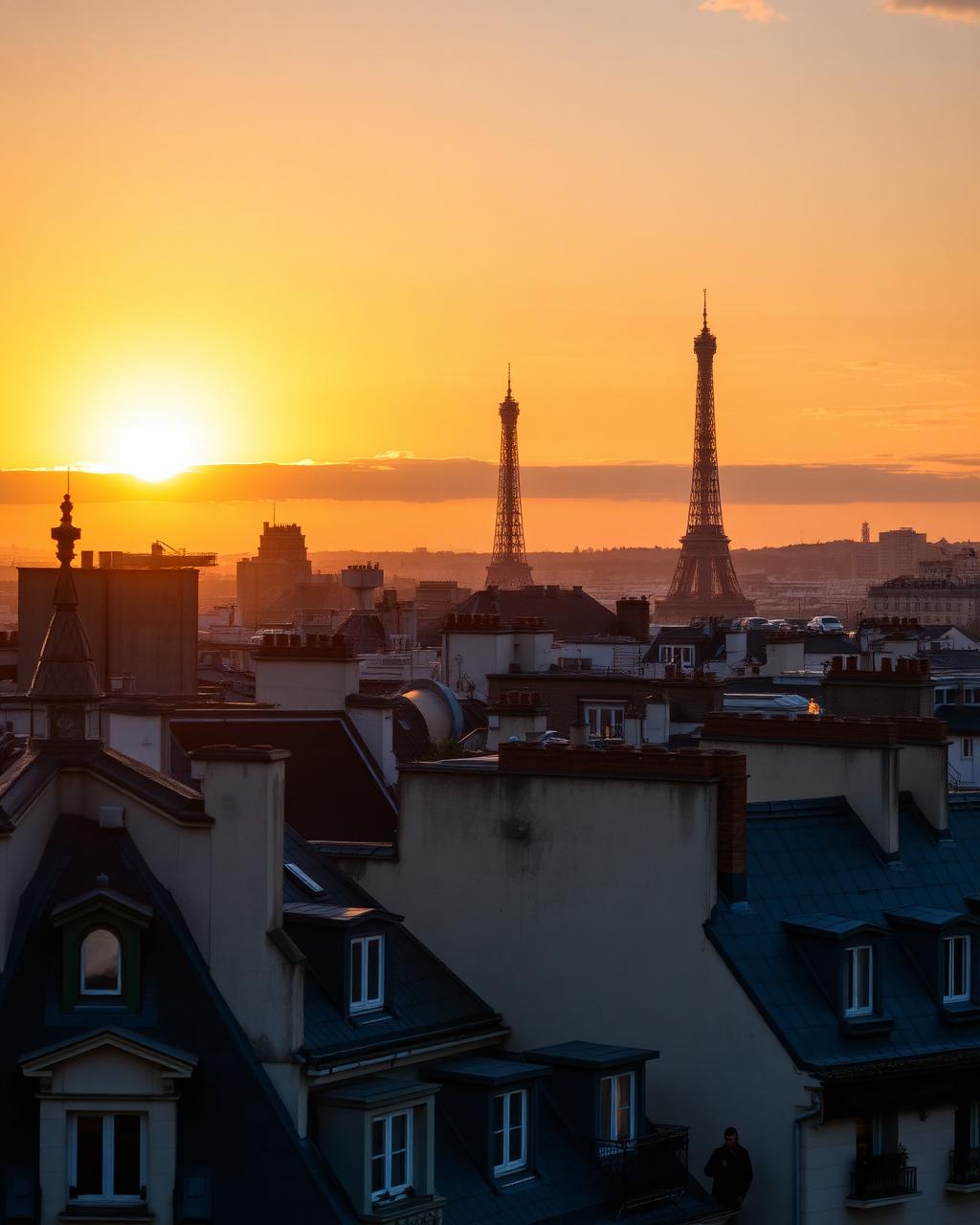Atardecer sobre los tejados de París con la Torre Eiffel