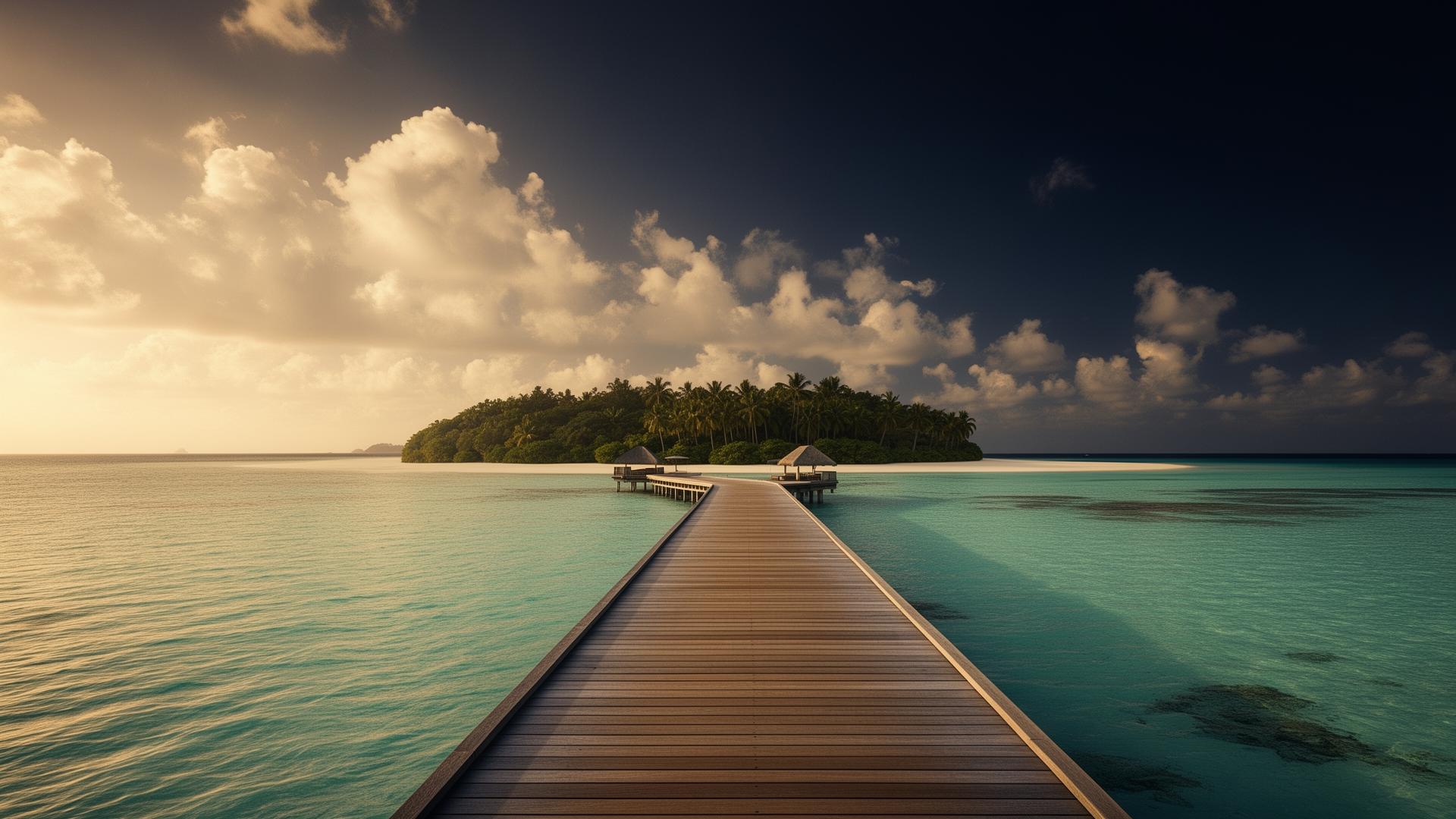 Atardecer sobre una isla tropical con muelle de madera y aguas turquesas